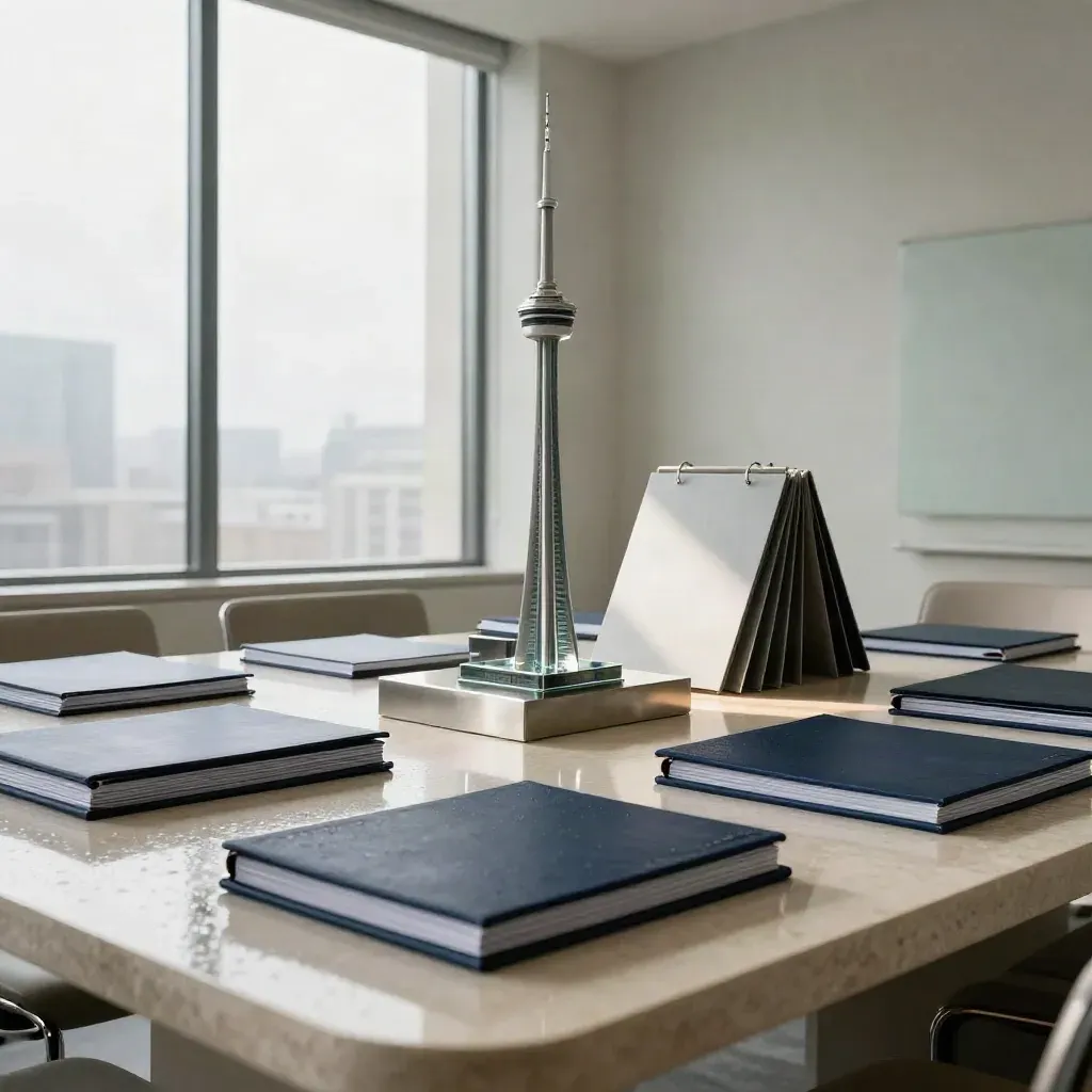 Rain-lit boardroom tableau with investor folios, model tower, and brushed metal sculpture.