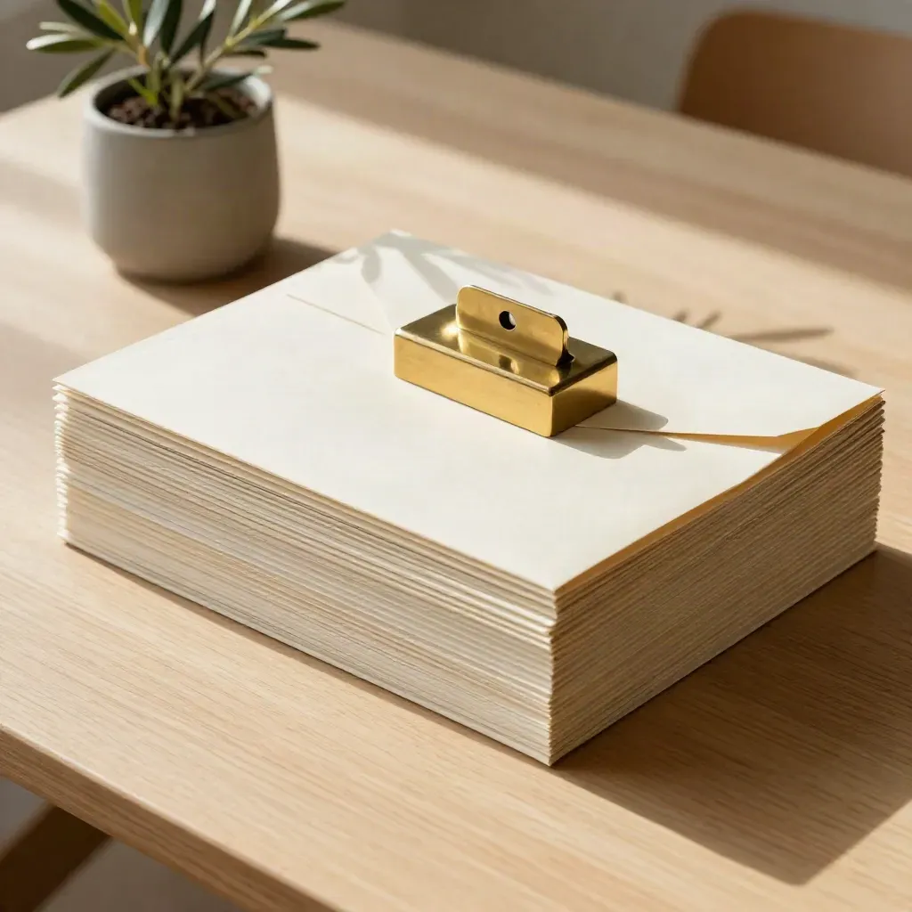 Overhead finance kit on pale oak with folders, brass weight, sealed envelope and small plant in late sun