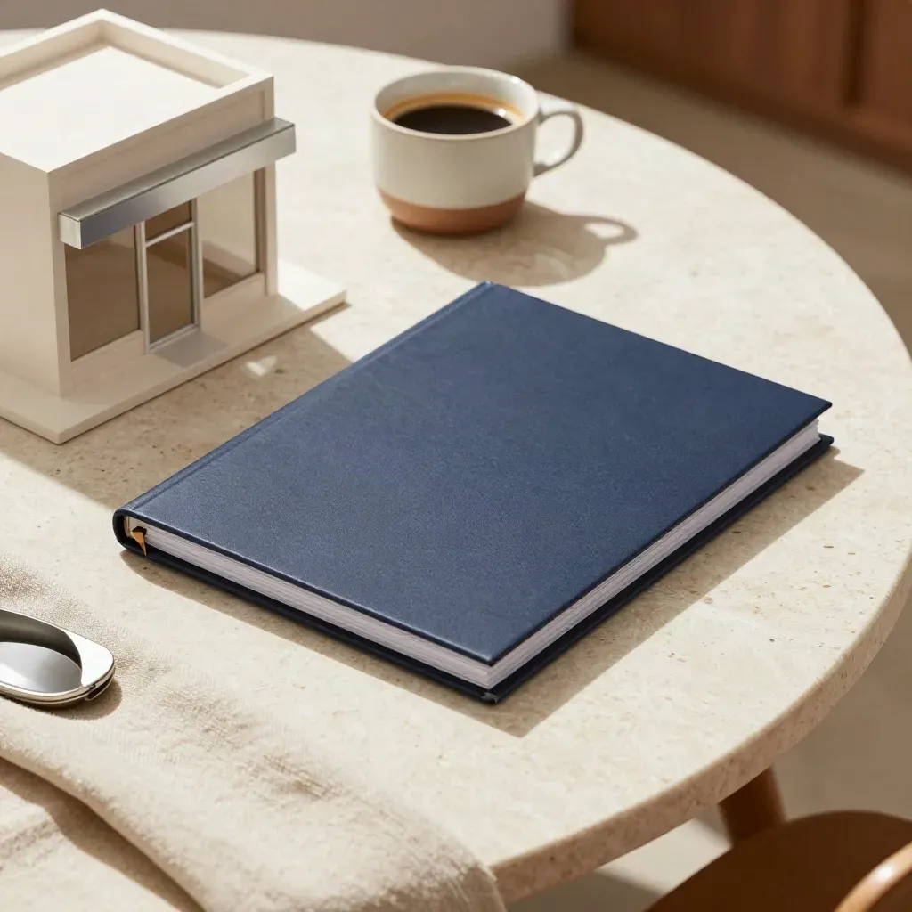 Top-down growth planning table with folio, model storefront and coffee in warm sunlight