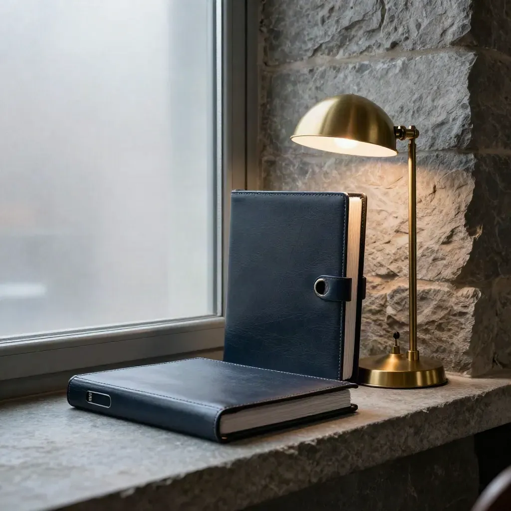 Stone-walled Montreal office with closed binder, brass lamp, and frosted window glow