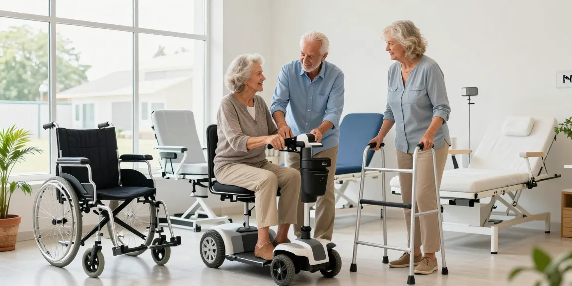 Engaging scene of shoppers home health equipment in a bright showroom with a sales associate assisting elderly customers.